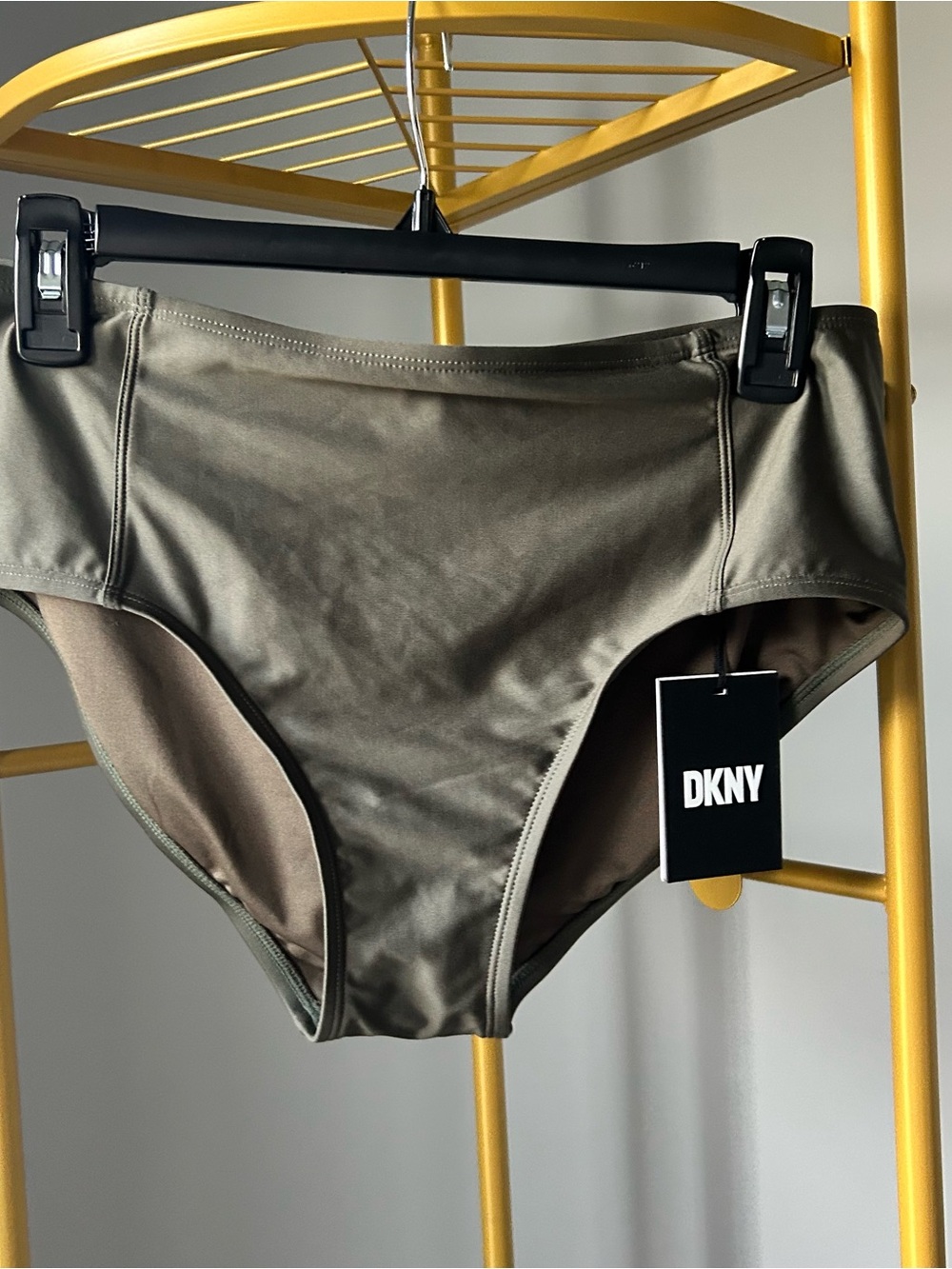 DKNY stretch Olive Green High-Waist Bikini Bottoms size L NEW